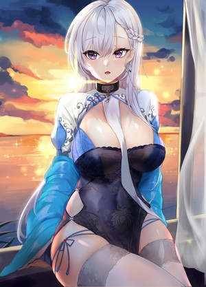 Belfast from Azur Lane by the sea at sunset