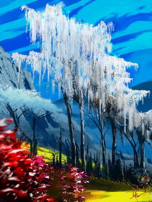 Digital painting of a winter landscape with trees
