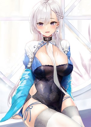 Belfast from Azur Lane in a blue and black outfit