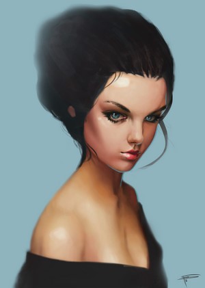 Portrait of a woman with dark hair and blue eyes by Thomas Bignon