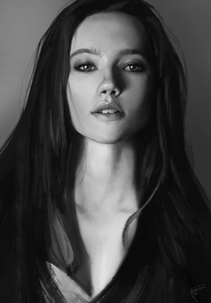 Monochrome portrait of a woman with long dark hair