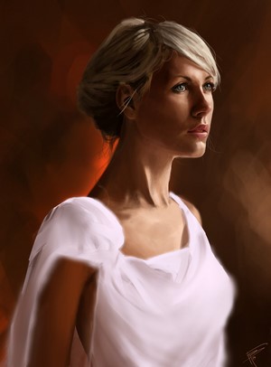 Portrait of a blonde woman in a white dress