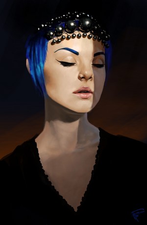 Portrait of a woman with blue hair and a headdress