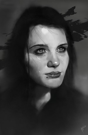 Monochrome digital painting of a crying woman