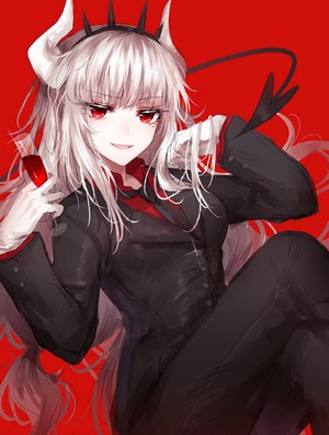 Lucifer from Helltaker holding a wine glass