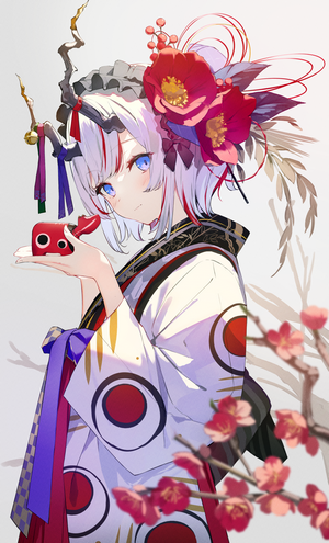 Anime girl with white hair and blue eyes in kimono holding a red object