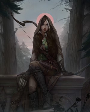 Woman with bow and arrow in forest