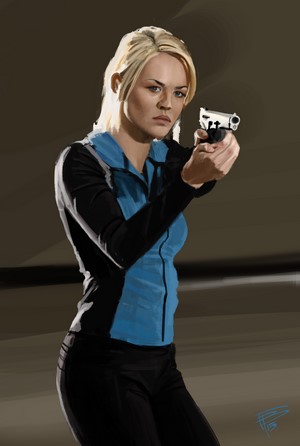 Woman holding a handgun, digital painting by Thomas Bignon