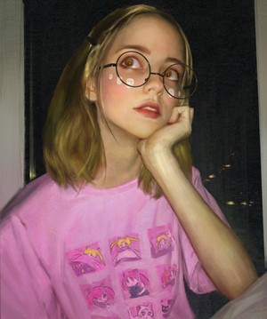 Woman with glasses and pink T-shirt, digital art