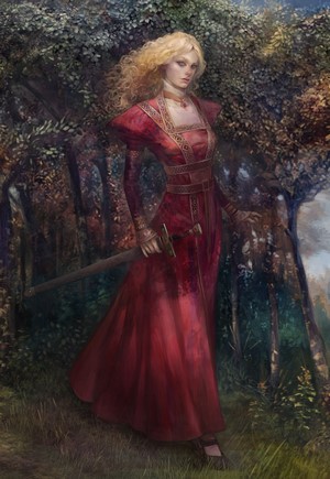 Woman in red dress holding a sword in a forest