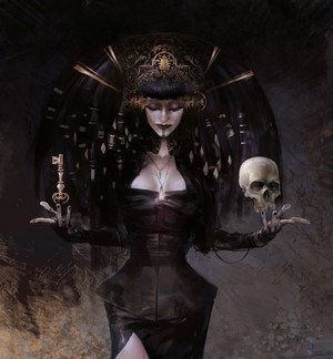 Witch holding a key and a skull by Othon Nikolaidis
