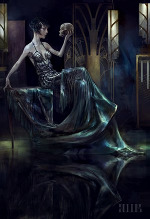 Woman in a dress holding a skull indoors