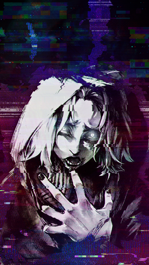 Anime girl with glowing eyes and fangs, glitch art