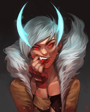 Artwork of a woman with fangs and glowing red eyes