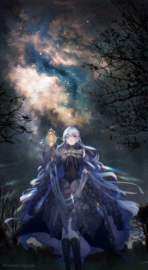 Anime girl with a lamp under a starry sky