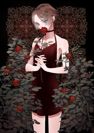 Anime girl with short hair holding a red rose
