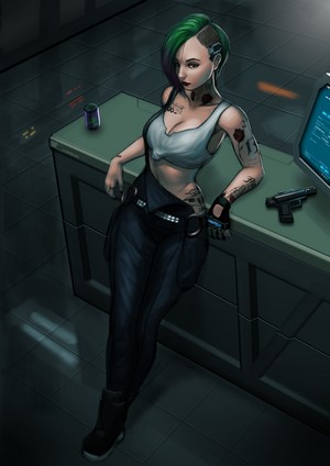 Judy Alvarez from Cyberpunk 2077 with tattoos and green hair