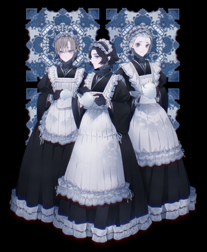 Three maids in traditional outfits with ornate background