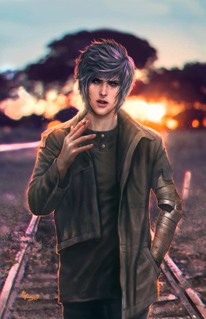 Cyborg man with violet eyes smoking on train tracks