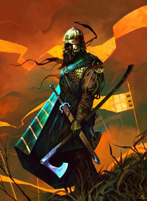 Warrior with axe and sword, digital art