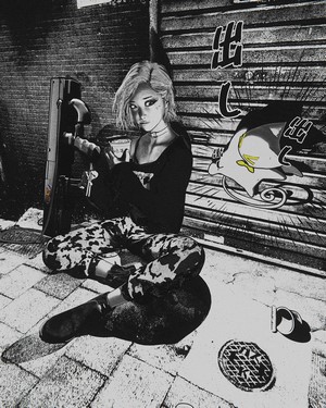 Woman with short hair sitting on the ground with a gun