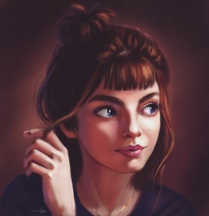 Digital painting of a woman with blue eyes touching her hair