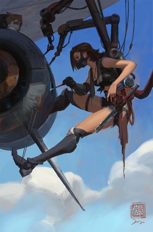 Woman with mechanical arms working on airship
