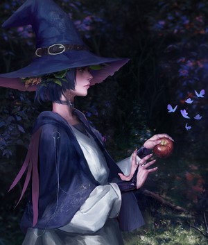 Fantasy art of a witch in a forest with butterflies