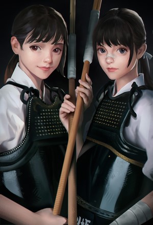 Two young girls in kendo armor holding naginatas