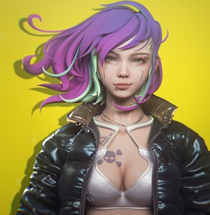 Woman with purple hair from Cyberpunk 2077