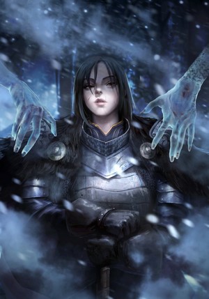 Warrior woman in armor with ghostly hands in snow
