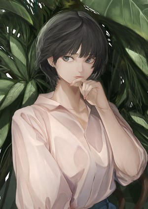 Anime girl with short black hair and mole under eye