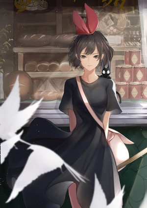 Kiki from Kiki's Delivery Service with Jiji at a bakery