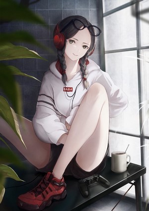 Anime girl with headphones and glasses sitting by window