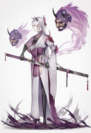Anime girl with horns and katana, purple masks