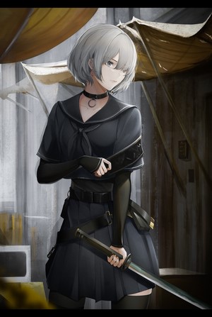 Anime girl with silver hair and katana