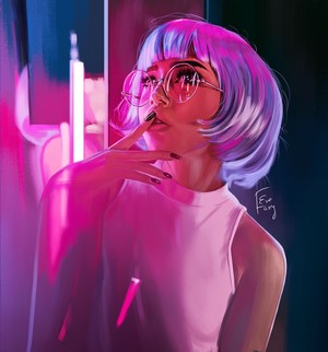 Woman with purple hair and glasses in neon light