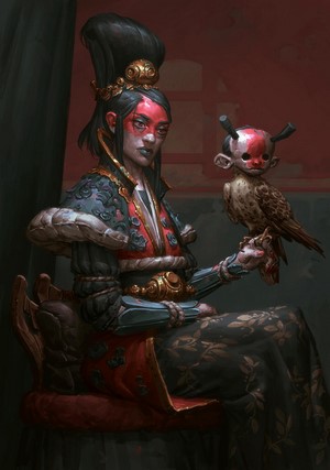 Woman in ornate clothing with a falcon