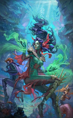 Fantasy art of mermaids and a diver underwater