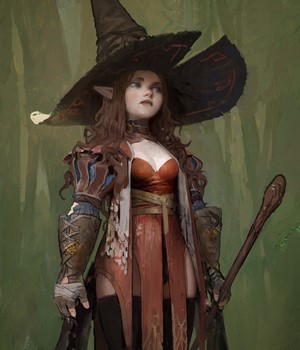 Elf witch with staff in a forest