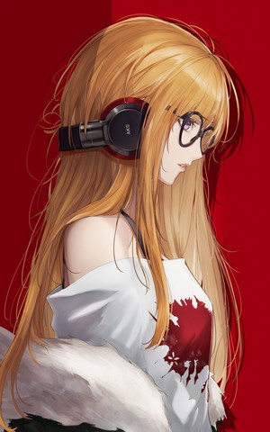 Sakura Futaba from Persona 5 wearing headphones and glasses
