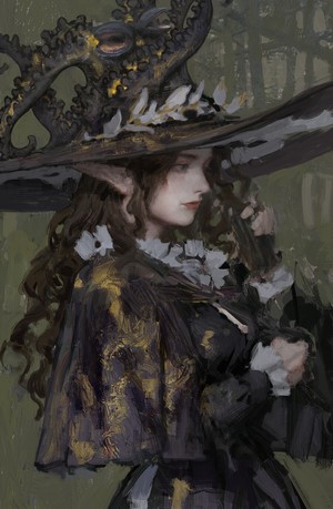 Fantasy girl with pointed ears wearing a witch hat
