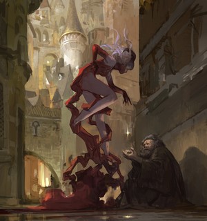 Fantasy girl in red dress floats above homeless man in city