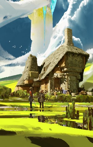 Fantasy adventurers stand near a rustic building under a surreal sky