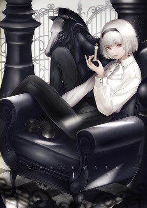 Anime girl with silver hair holding a chess piece