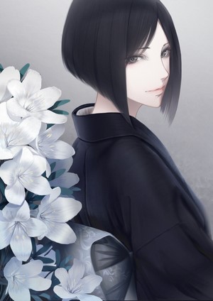 Anime girl with black hair in a kimono with white lilies