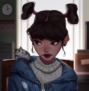 Girl with pigtails and a hamster on her shoulder