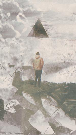 Man standing before a surreal triangle in a glitch art landscape