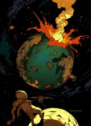 Planet exploding in space with astronaut watching