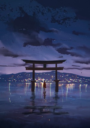 Person standing in water under a Torii gate at night